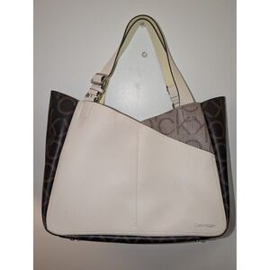 Calvin Klein Monogram Logo Tote Bag Light Line Green Brown Faux Leather Wristlet